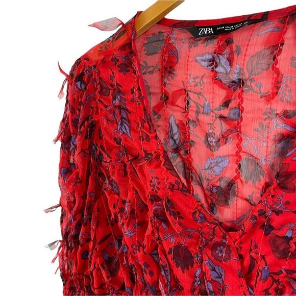 Red Floral Smocked Sheer Blouse Zara Fringing Cropped Top Long Sleeve Size XS - Picture 10 of 16